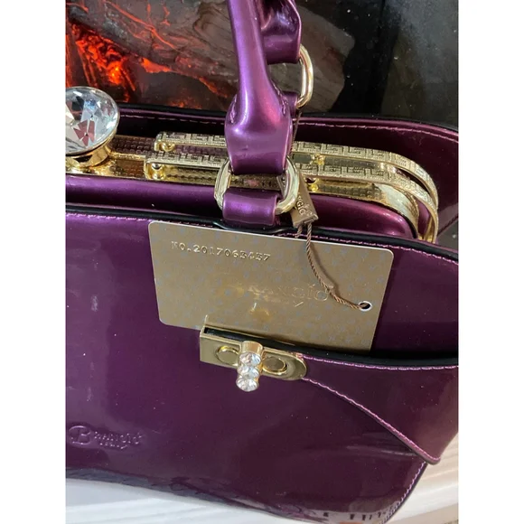 Brangio of Italy Purple Patent Leather Glam Gold Frame Rhinestone Top Handle Bag - Picture 7 of 12